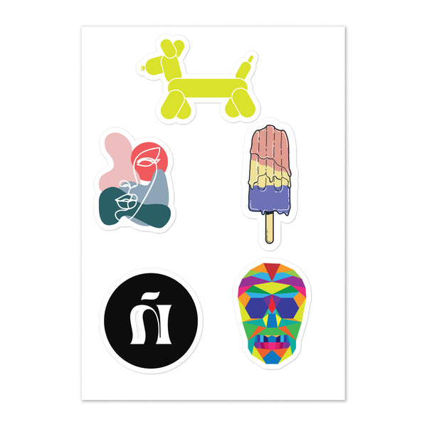 Ñom Studio kiss-cut sticker sheet, glossy vinyl stickers on a white A5 sheet